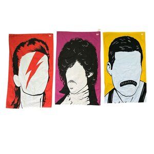 Bold & Noble Rock Star Tea Towels Lot of 3 Bowie Prince Freddie Mercury Pop Art